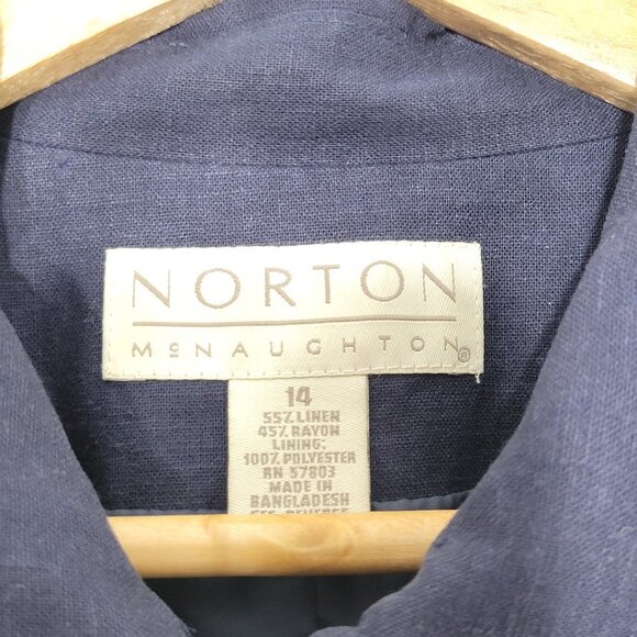 Norton McNaughton 💚 Navy Blue Woven Linen Blend Blazer Jacket Casual Lined 14 - Picture 3 of 8